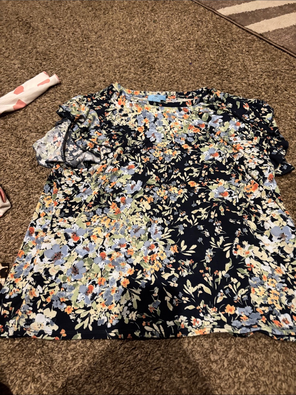 CeCe Navy Floral Short-Sleeve Tee with Pastel Blooms